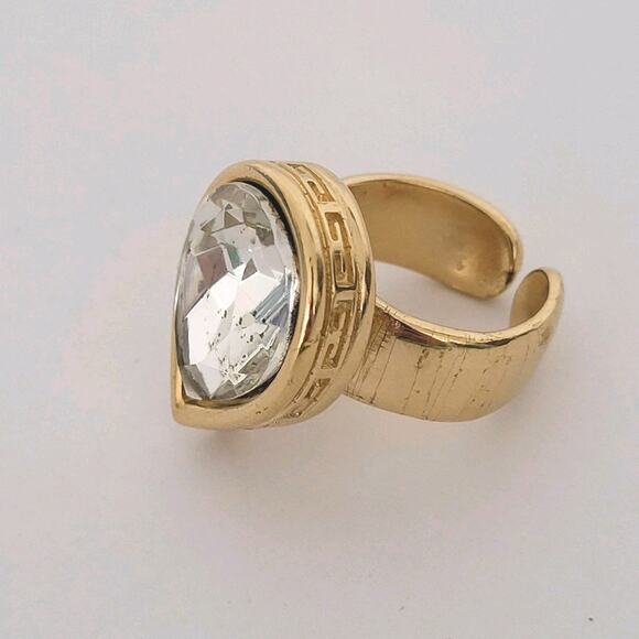Vintage Givenchy Large Chunky Clear Stone Ring Statement Adjustable Size Gold - Picture 2 of 9